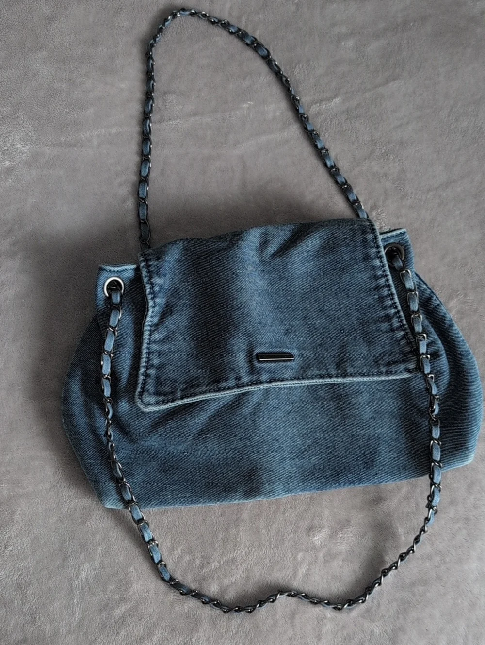 Denim Shoulder Bag with Chain Strap - Blue